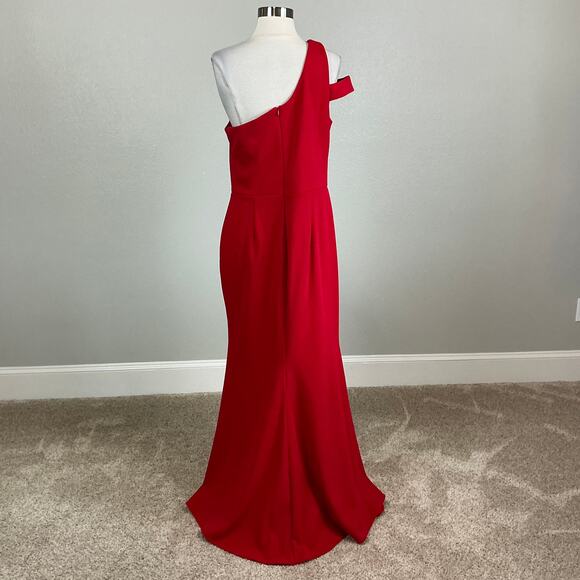 Red One Shoulder Evening Gown Size 14P XSCAPE Cut Out Thigh Slit Formal Dress - Picture 6 of 14